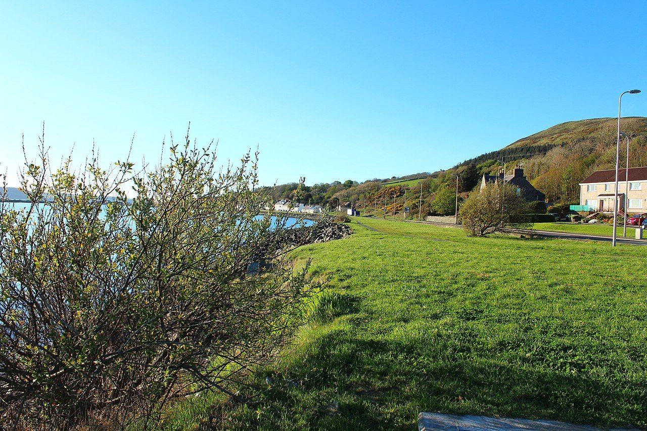 The shoreline and green space at Cairnryan.
