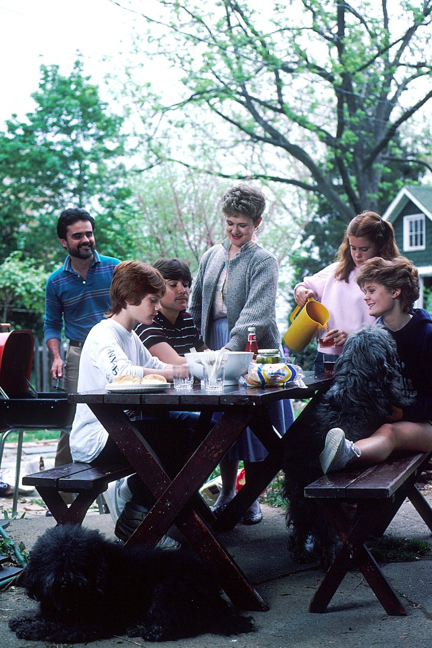 A family at a picnic table, shown as a travelling-with-children illustration.